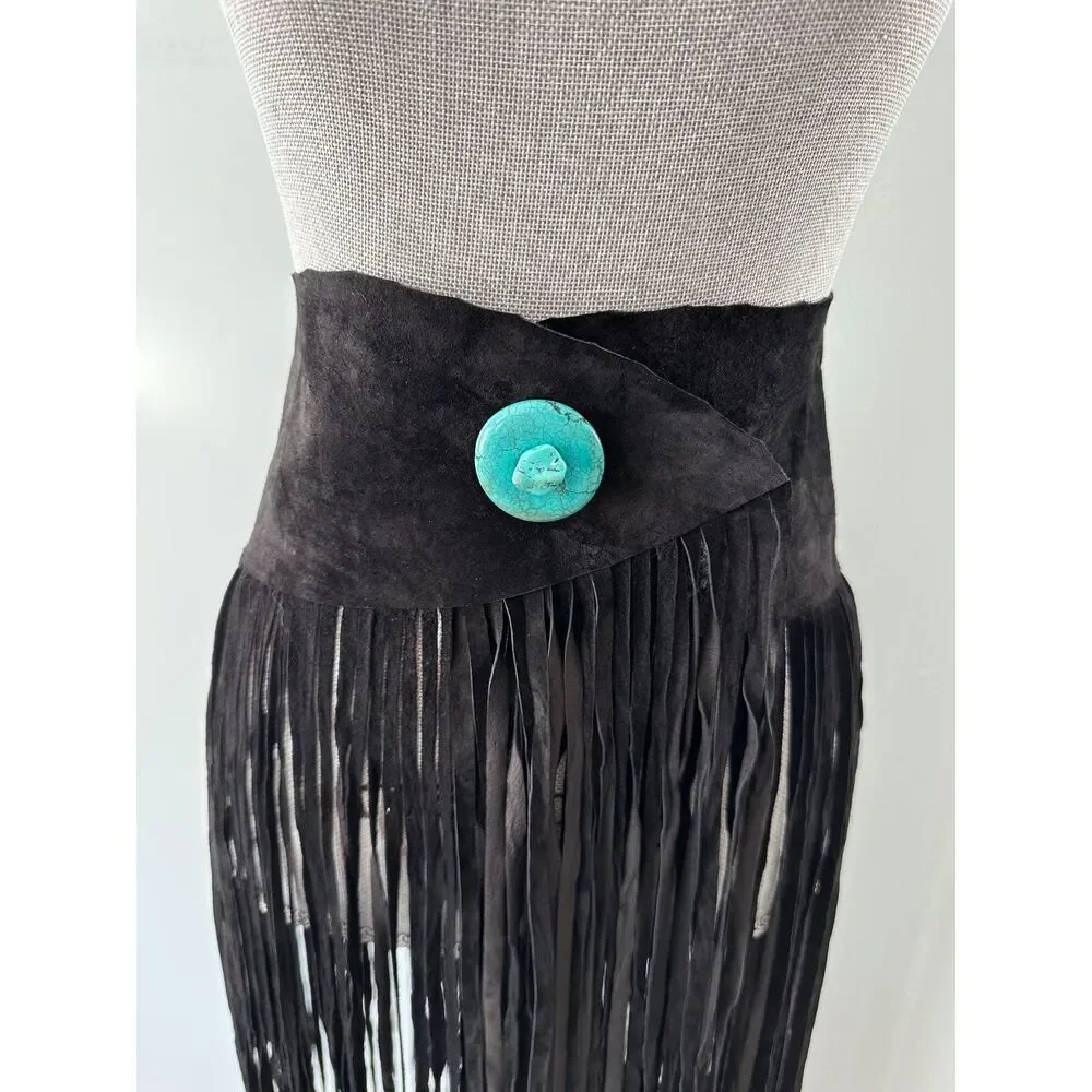 PAT DAHNKE Long Fringe Black Western Belt Leather Suede size Small
